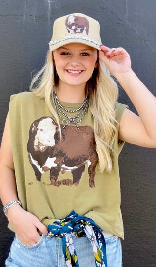 Hereford Bull Muscle Tee – Olive Western Graphic Cowgirl Top - Barbwire n Bougie Boutique