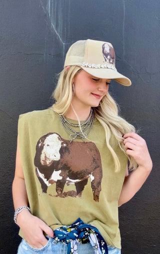 Hereford Bull Muscle Tee – Olive Western Graphic Cowgirl Top - Barbwire n Bougie Boutique
