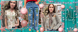 A collage-style promotional graphic showing three women modeling different outfits in an indoor boutique setting, with decorative pink ornaments, string lights, and a turquoise background. The center figure wears blue jeans with cactus and floral embroidery, and the right figure wears a gray embroidered jacket with a patterned scarf.
