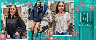 A collage of three women modeling different tops in an outdoor rustic setting, with a teal decorative graphic background featuring pink starbursts, beads, and the text 'FALL pieces'.