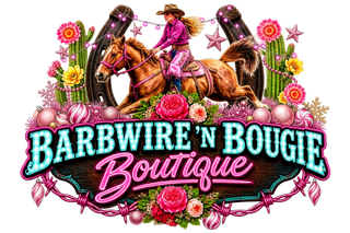 A colorful graphic logo for 'Barbwire 'n Bougie Boutique' featuring a cowboy riding a brown horse between two horseshoes, surrounded by pink roses, cacti, and barbed wire, on a black background.