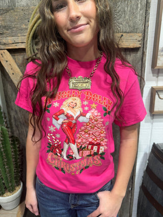Holly Dolly Christmas Pink Western Graphic Tee - Barbwire n Bougie Boutique