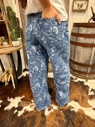 Horse Abstract Print Wide Leg Jeans | Mid Rise Western Statement Denim - Barbwire n Bougie Boutique