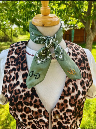 Horse Bit -Snaffle Wild Rag – Olive Green Western Bandana Scarf with Horseshoe Embroidery - Barbwire n Bougie Boutique