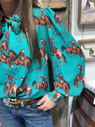 Howdy Cowboy Balloon Sleeve Button Down Top - Barbwire n Bougie Boutique
