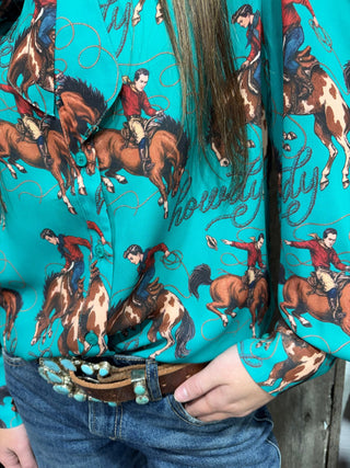 Howdy Cowboy Balloon Sleeve Button Down Top - Barbwire n Bougie Boutique