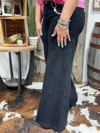 Howdy Hanny Black Wide Leg Smiley Jeans for Women – Western High Waisted Pants with White Stitch Detail - Barbwire n Bougie Boutique