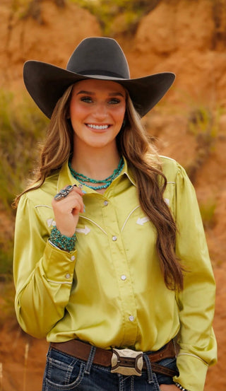 Howdy Hanny Pearl Snap Rodeo Show Shirt – Western Lime Green Cowgirl Button Up Blouse - Barbwire n Bougie Boutique