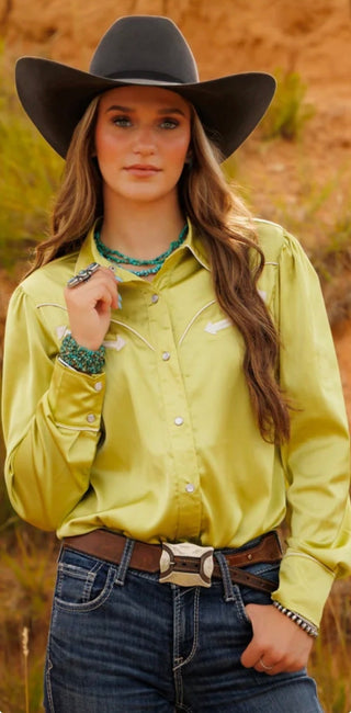 Howdy Hanny Pearl Snap Rodeo Show Shirt – Western Lime Green Cowgirl Button Up Blouse - Barbwire n Bougie Boutique