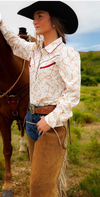 Howdy Hanny Snaffle Bit Western Pearl Snap Shirt | Cowgirl Bit Print Button Up Top - Barbwire n Bougie Boutique