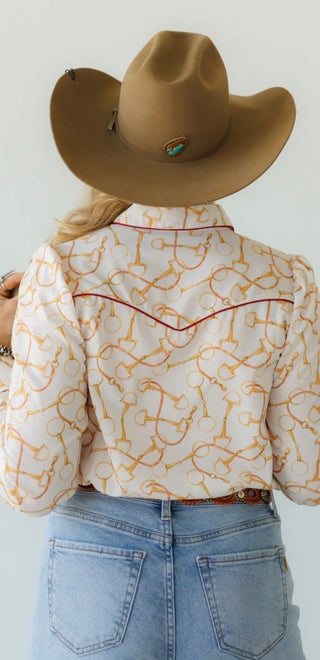 Howdy Hanny Snaffle Bit Western Pearl Snap Shirt | Cowgirl Bit Print Button Up Top - Barbwire n Bougie Boutique