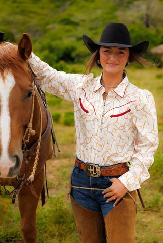 Howdy Hanny Snaffle Bit Western Pearl Snap Shirt | Cowgirl Bit Print Button Up Top - Barbwire n Bougie Boutique