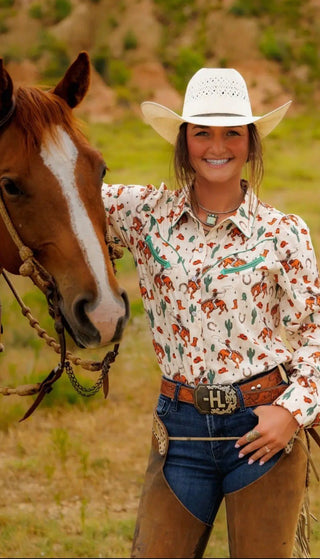 Howdy Hanny Western Bronc Pearl Snap Shirt for Women | Vintage Cowgirl Print Button Down - Barbwire n Bougie Boutique