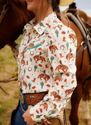 Howdy Hanny Western Bronc Pearl Snap Shirt for Women | Vintage Cowgirl Print Button Down - Barbwire n Bougie Boutique