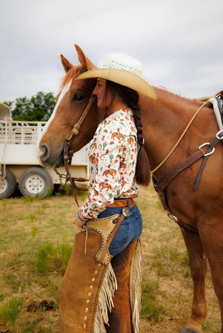 Howdy Hanny Western Bronc Pearl Snap Shirt for Women | Vintage Cowgirl Print Button Down - Barbwire n Bougie Boutique