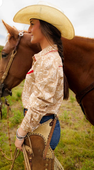 Howdy Hanny Western Print Pearl Snap Shirt | Vintage Cowgirl Rodeo Button Up Top - Barbwire n Bougie Boutique