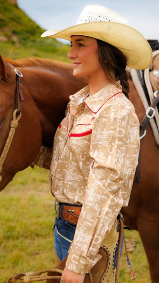 Howdy Hanny Western Print Pearl Snap Shirt | Vintage Cowgirl Rodeo Button Up Top - Barbwire n Bougie Boutique