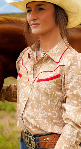 Howdy Hanny Western Print Pearl Snap Shirt | Vintage Cowgirl Rodeo Button Up Top - Barbwire n Bougie Boutique