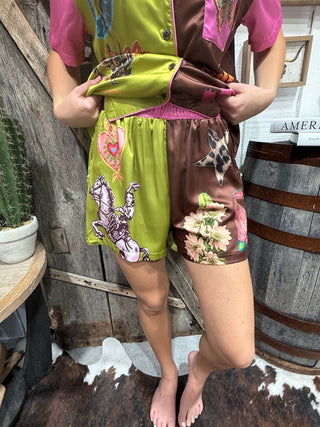 Howdy Hanny Western Satin Pajama Short Set - Barbwire n Bougie Boutique