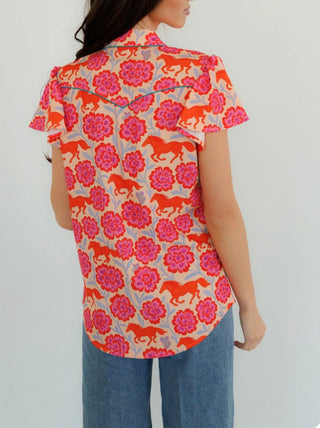 Howdy Hanny Wild Bloom Flutter Sleeve Pearl Snap Top - Barbwire n Bougie Boutique