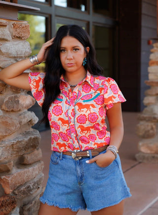 Howdy Hanny Wild Bloom Flutter Sleeve Pearl Snap Top - Barbwire n Bougie Boutique