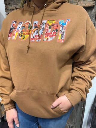 Howdy Retro Western Movie Poster Hoodie – Cowgirl Graphic Rodeo Hoodie (Camel) - Barbwire n Bougie Boutique