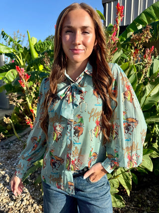Howdy Yeehaw Mesh Tie Neck Top | Turquoise Haven - Barbwire n Bougie Boutique