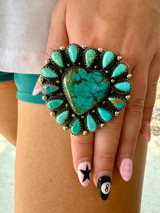 Hubei Turquoise Heart Cluster Statement Ring- Adjustable - Barbwire n Bougie Boutique