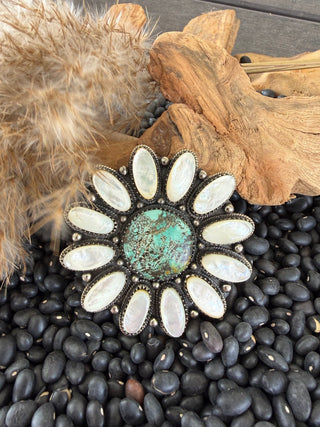 Hubei Turquoise & Mother of Pearl Statement Adjustable Ring – German Silver - Barbwire n Bougie Boutique