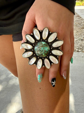 Hubei Turquoise & Mother of Pearl Statement Adjustable Ring – German Silver - Barbwire n Bougie Boutique