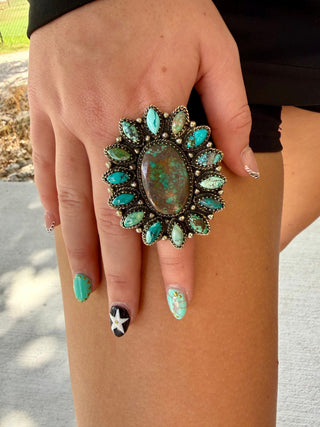 Hubei Turquoise Statement Adjustable Ring- German Silver - Barbwire n Bougie Boutique