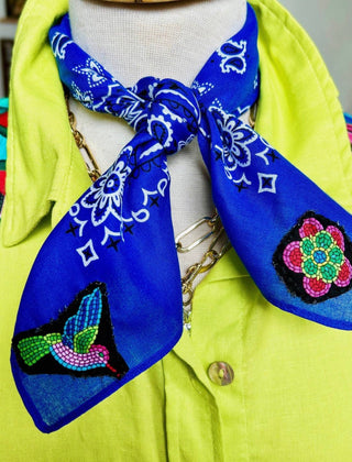 Hummingbird Bandana Wild Rag | Blue Western Neck Scarf with Beaded Hummingbird & Floral Design - Barbwire n Bougie Boutique
