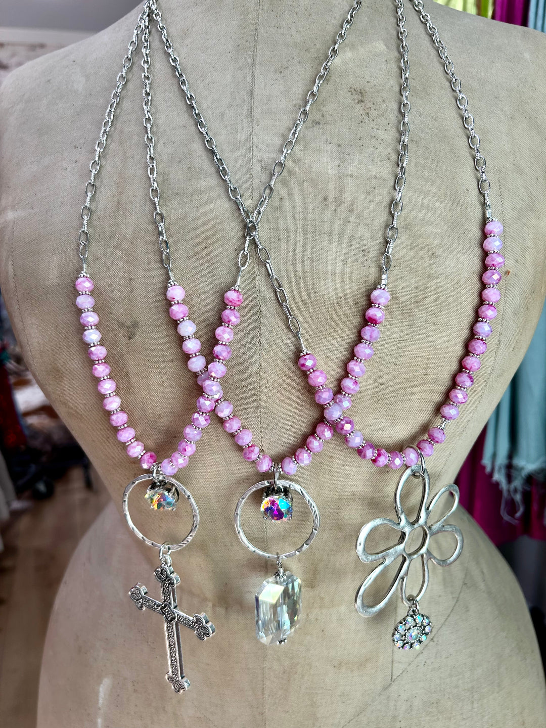 Pink Long Beaded Boho Necklace