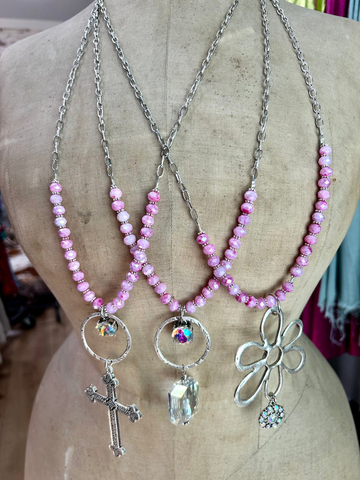 Pink Long Beaded Boho Necklace