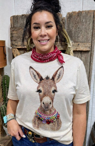 Jeweled Blinged Out Donkey Graphic Tee with Rhinestone Necklace | Western Cowgirl Boutique T-Shirt- Size Small -3X - Barbwire n Bougie Boutique
