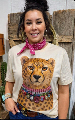 Jeweled Cheetah Graphic Tee with Dramatic Rhinestone Collar | Western Boutique Statement T-Shirt - Barbwire n Bougie Boutique