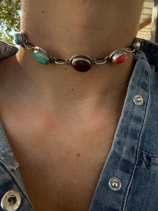 John Skeets Multi-Stone Sterling Silver Choker Necklace- Native - Barbwire n Bougie Boutique