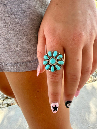 Juliana Benally Sleeping Beauty Turquoise Cluster Ring – Size 8.5 - Barbwire n Bougie Boutique
