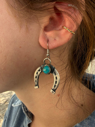 Kevin Billah Turquoise Sterling Silver Horseshoe Earrings – Native American Made - Barbwire n Bougie Boutique