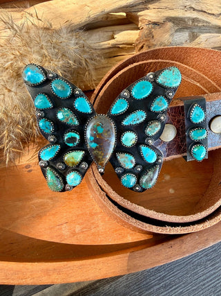 Kingman Turquoise Butterfly German Silver Belt Buckle Set - Barbwire n Bougie Boutique