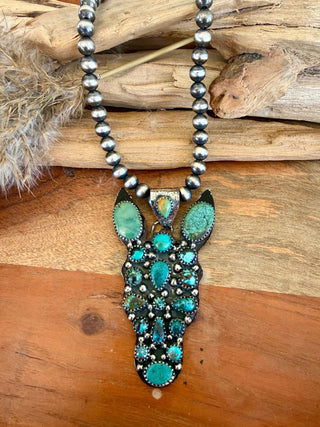 Kingman Turquoise Donkey Head Statement Pendant – German Silver - Barbwire n Bougie Boutique