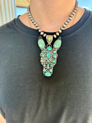 Kingman Turquoise Donkey Head Statement Pendant – German Silver - Barbwire n Bougie Boutique
