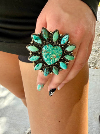 Kingman Turquoise Heart Statement Adjustable Ring – German Silver - Barbwire n Bougie Boutique