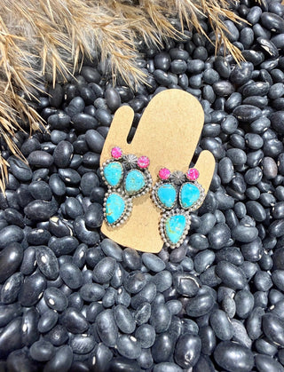 Kingman Turquoise & Pink Opal Cactus Stud Earrings | Western Sterling Style Earrings - Barbwire n Bougie Boutique
