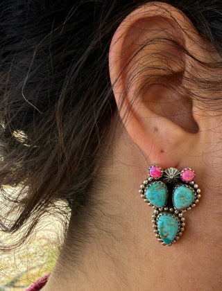 Kingman Turquoise & Pink Opal Cactus Stud Earrings | Western Sterling Style Earrings - Barbwire n Bougie Boutique