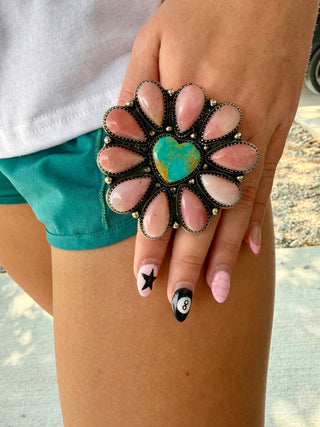 Kingman Turquoise & Pink Opal Statement Cluster Ring- Adjustable - Barbwire n Bougie Boutique