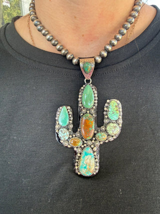 Kingman Turquoise Saguaro Cactus Statement Pendant – German Silver - Barbwire n Bougie Boutique
