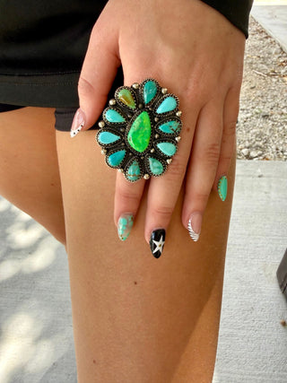 Kingman Turquoise Statement Adjustable Ring – Tibetan Silver - Barbwire n Bougie Boutique