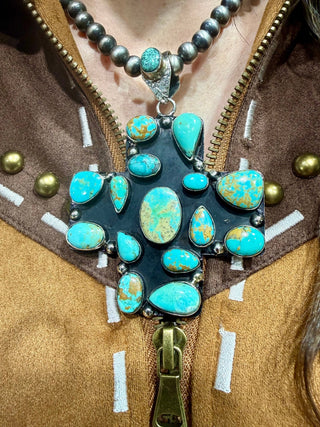 Kingman Turquoise Statement Cross Pendant – German Silver - Barbwire n Bougie Boutique