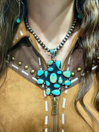 Kingman Turquoise Statement Cross Pendant – German Silver - Barbwire n Bougie Boutique